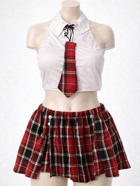 Set kit Large Red Plaid Mini Skirt - Women's Schoolgirl Style